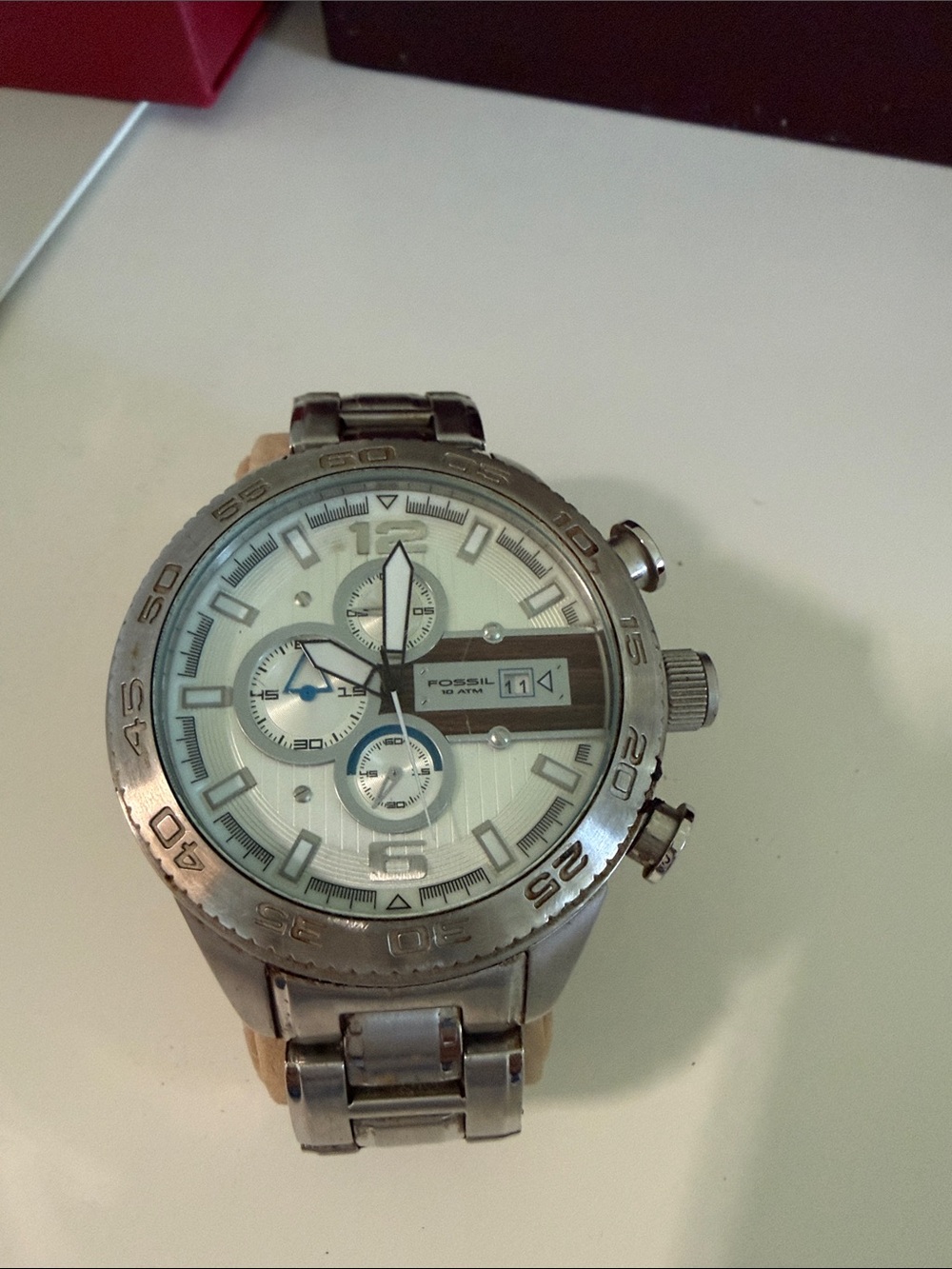 Fossil Silver Stainless Steel Chronograph Watch with White Dial